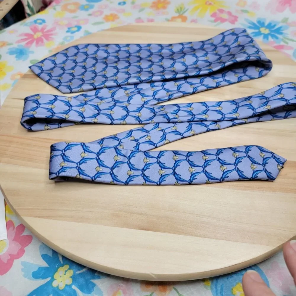 Lanvin Paris Dolphin Print Silk Tie Blue Sea Life Ocean Marine Novelty Necktie
